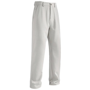 Detail of light grey casual pants showing elastic waistband with belt loops and button fly