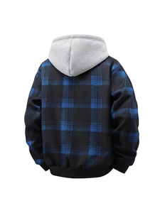 Men's blue plaid hooded jacket with warm fleece lining and ribbed cuffs back view
