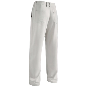 Detail view of light grey straight-leg trousers showing waist band and rear pockets