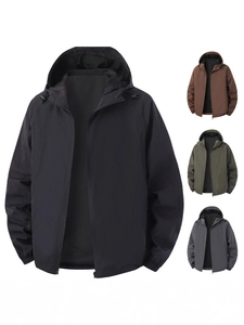 Men's hooded windbreaker jacket with breathable mesh lining and adjustable drawstrings