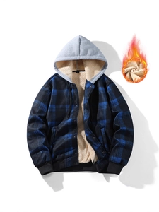 Men's blue plaid hooded jacket with warm fleece lining and gray drawstring hood