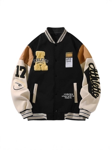 Veste Varsity Rétro Américaine pour Hommes Color Block Broderie de Lettres Uniforme de Baseball Streetwear Casual
