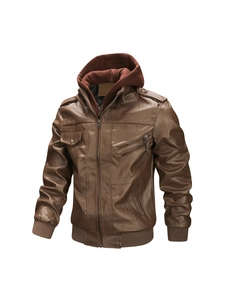 Veste en cuir marron foncé pour homme avec capuche amovible et bords-côtes