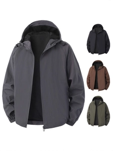 Mens hooded windbreaker jacket with breathable mesh lining in four versatile colors