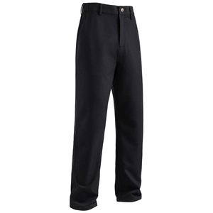 Detail view of black men's trousers with elastic waist design and smooth texture