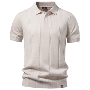Men's Short Sleeve Knit Polo Shirt Business Casual Viscose Blend Cable Texture Top Breathable Fashion Knitted Shirt