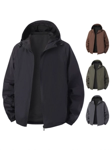 Men's hooded windbreaker jacket with mesh lining in black, brown, green, and dark grey