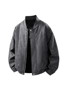 Chaqueta Bomber de Cuero PU Retro para Hombre Cuello Alto Abrigo Acolchado Cortavientos Con Ribete Acanalado Invierno