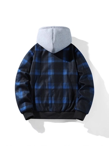 Mens thick plaid hooded jacket in navy and black check with grey hood and ribbed cuffs
