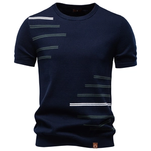 Men Knitted T-Shirt 100% Cotton Striped Crew Neck Short Sleeve Slim Fit Casual Summer Knitted Top For Men Breathable