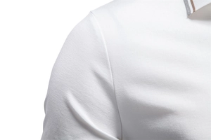Detail of white business polo shirt with lapel zipper and brown striped collar trim