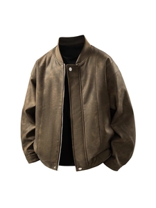 Chaqueta bomber retro marrón para hombre en piel sintética con diseño cortavientos y holgado