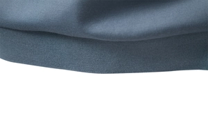 Detailed close-up of dark grey-blue ribbed knit hem and texture on men's Tencel polo shirt