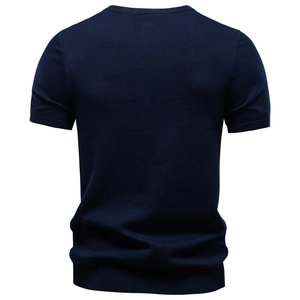 Men's navy blue short sleeve knitted t-shirt with crew neck and ribbed trim back view
