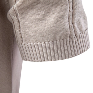 Men's beige business polo shirt featuring premium cable-knit texture and ribbed cuffs