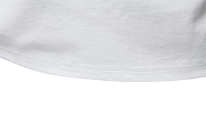 Detail of double-needle stitched hem on white men's polo shirt with high-quality craftsmanship
