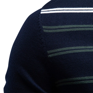 Men's navy blue striped cotton knit T-shirt with green and white horizontal patterns