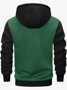 Rear view of casual outdoor knit jacket with dark green body and black contrast sleeves