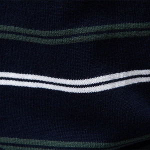 Short sleeve men's cotton knit T-shirt with navy, green, and white horizontal stripes
