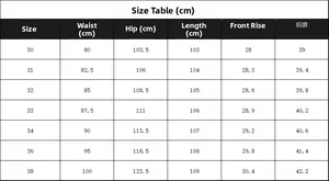 Detailed size chart for men's cotton casual straight trousers with waist and hip measures