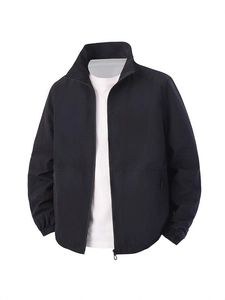 Classic black bomber jacket with stand collar and elastic cuffs for men's casual style