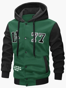 Detailed front view of green and black varsity hoodie featuring LA 77 printed graphics
