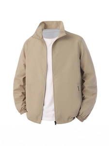 Men's khaki lightweight bomber jacket with stand collar and elastic cuffs on white background