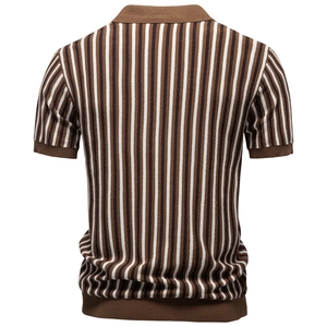 Back view of men's knitted striped polo shirt with vertical brown and white patterns