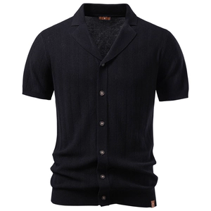 Classic black men's short sleeve knit polo cardigan with vertical ribbed texture