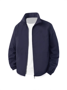 Men's lightweight navy blue bomber jacket with standing collar and casual athletic style