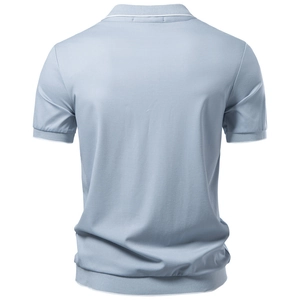 Back view of men's sky blue Tencel polo shirt with white striped rib knit cuffs