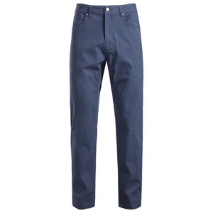 Detail of deep blue men's straight cotton trousers with classic five-pocket design