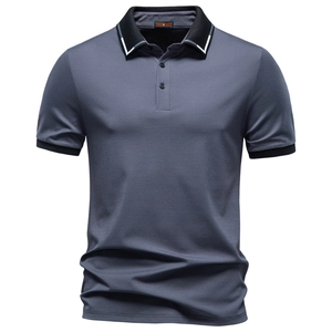Classic men's short-sleeve jacquard POLO shirt in grey-blue with black contrast trim