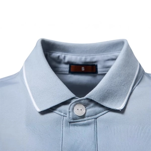Men's light blue Tencel polo shirt featuring contrast white piping on the collar