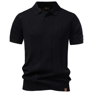 Men's business casual knit polo shirt in black with textured vertical stripe pattern