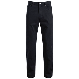 Detailed front view of black cotton straight trousers with five-pocket design and metal button
