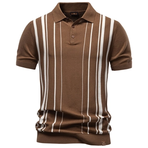 Polo en Tricot Rayé Rétro pour Hommes Manches Courtes Mélange de Viscose Haut Business Décontracté Polo Respirant Homme