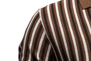 Detail view of the knitted shoulder seam and striped pattern on this business polo shirt