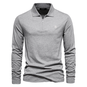 Men's Long Sleeve Polo Shirt 100% Cotton Casual Zip Collar Solid Color Top With Lion Embroidery Business Casual EUR Size