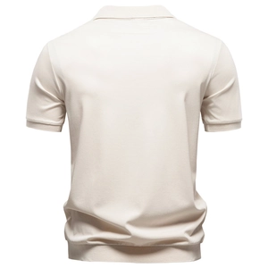 Back view of men's beige Tencel polo shirt with ribbed cuffs and smooth knit texture