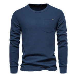 Men's Long Sleeve T-Shirt Cotton Blend Waffle Knit Texture Round Neck Top With Chest Pocket Casual Solid Color Ribbed Cuffs