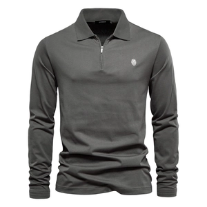 Men's dark gray long sleeve cotton polo shirt with quarter-zip collar and lion embroidery