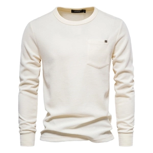 Men's cream waffle knit long sleeve T-shirt with chest pocket and ribbed crew neck