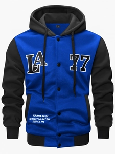 Detail of blue and black hooded letterman jacket with LA 77 print and sleeve cuffs