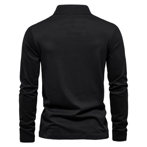 Back view of a classic black long sleeve polo shirt for men with a refined collar design