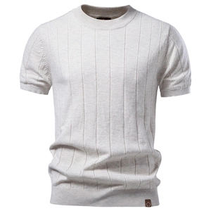T-shirt Pull en Tricot à Manches Courtes pour Hommes 100 Coton Côtelé Col Rond Respirant Business Casual Mode Haut d'été