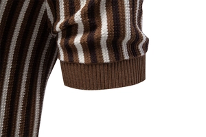 Macro detail of striped knit polo sleeve with brown, beige, and coffee tones