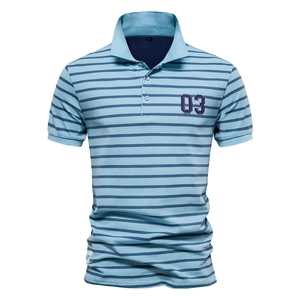 Men Casual Striped Polo Shirt Cotton Pique Breathable Short Sleeve Top Patch Design Flip Collar Fashion Sporty Summer Top