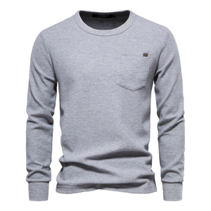 Men's waffle knit grey long sleeve t-shirt with crew neck and chest pocket detail