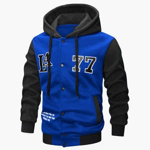 Detail of color-block jacket featuring LA 77 patches and black drawstring hood
